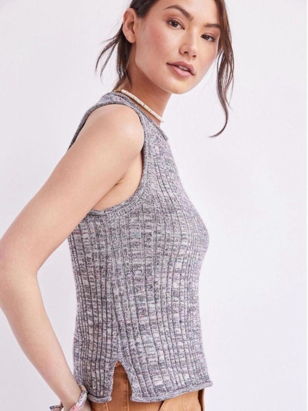 Pilcro Sleeveless Sweater Silk Blend Ribbed Tank Top — Heather Gray Casual Fitte